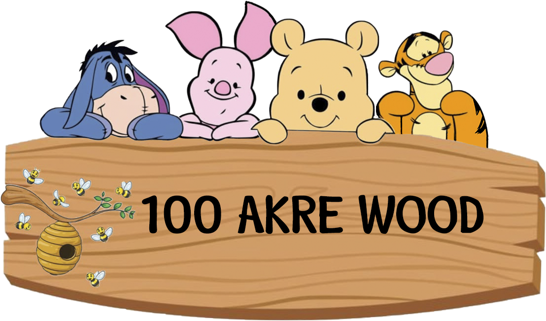 Winnie the Pooh and friends on a wooden sign reading 100 Akre Wood